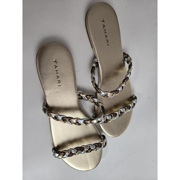 Tahari Size 8 Metallic Gold Slide Sandals Braided Gold Silver Strap Flat Slip on - Picture 6 of 7